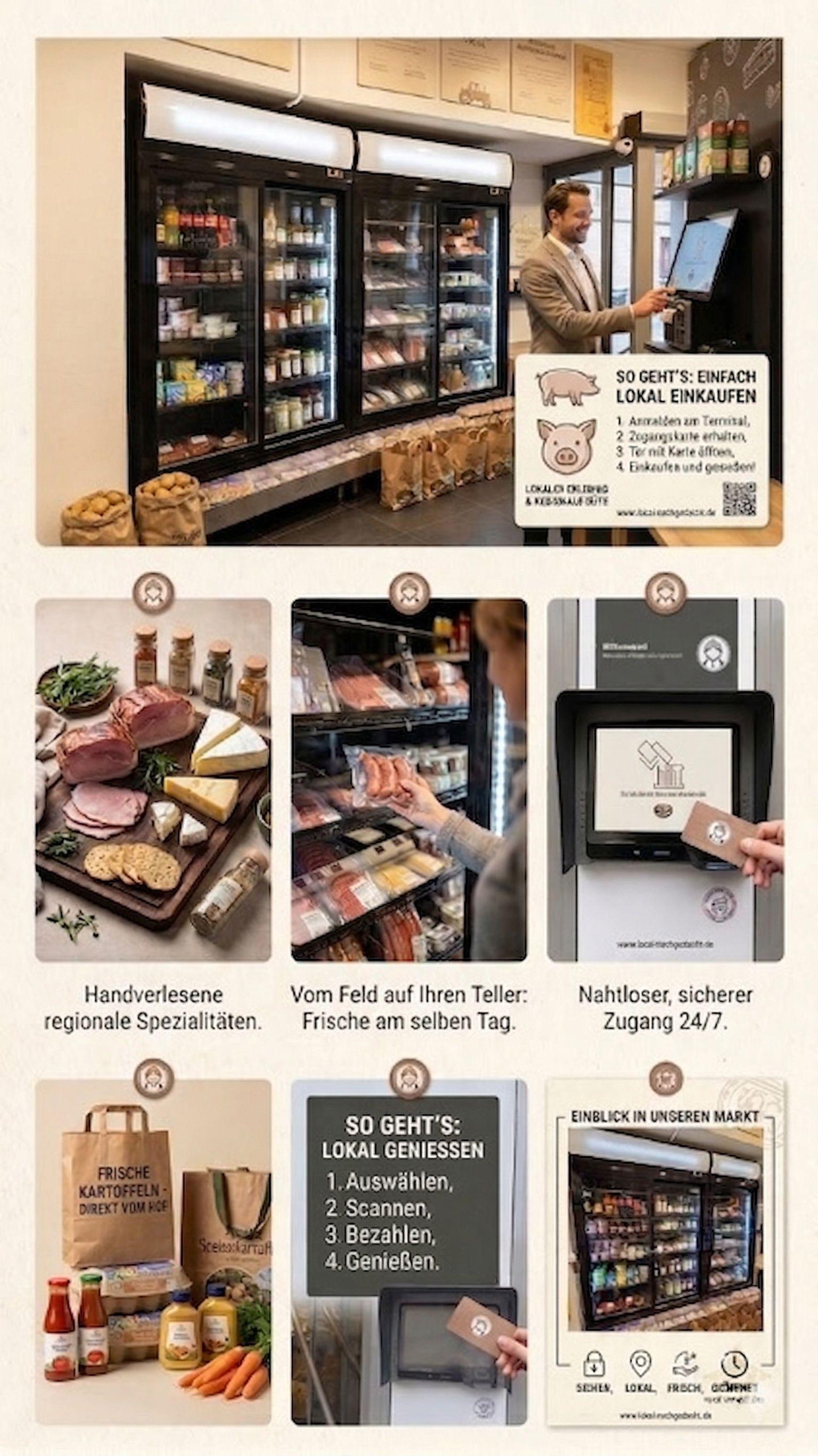 Innenansicht des 24/7 MetzgerStore mit Selbstbedienungskasse und Kühltheke